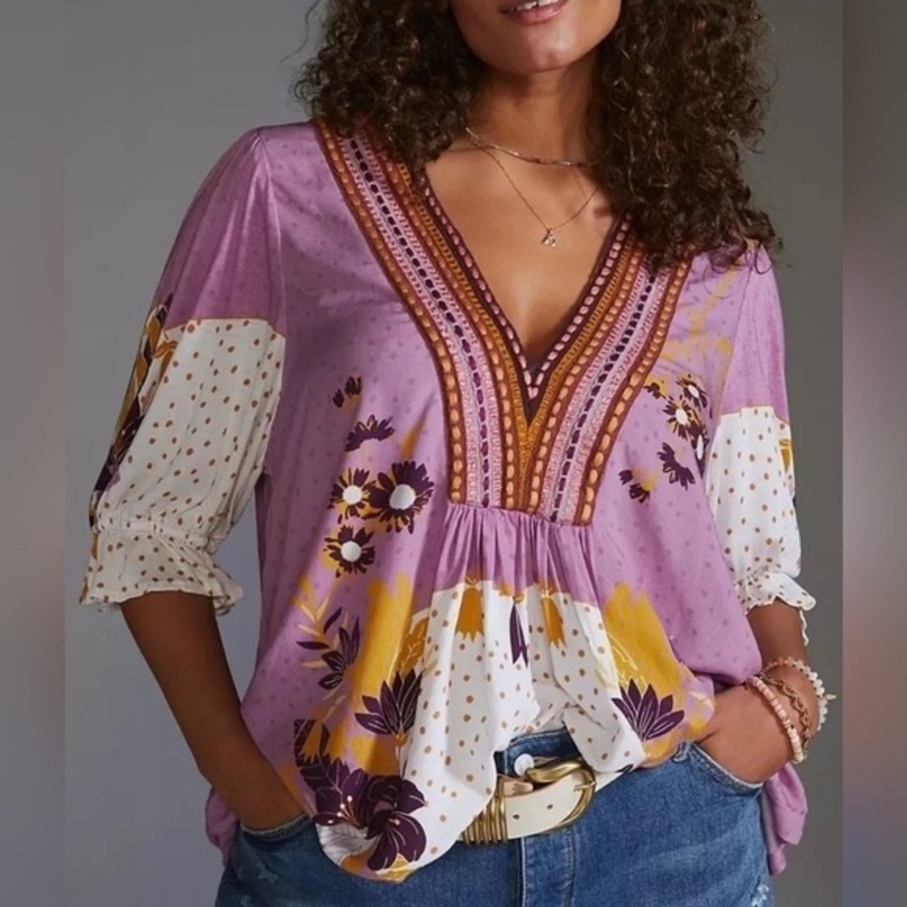 Anthropologie Bl-nk London Stephanie Mixed Print Embroidered Boho Blouse Purple